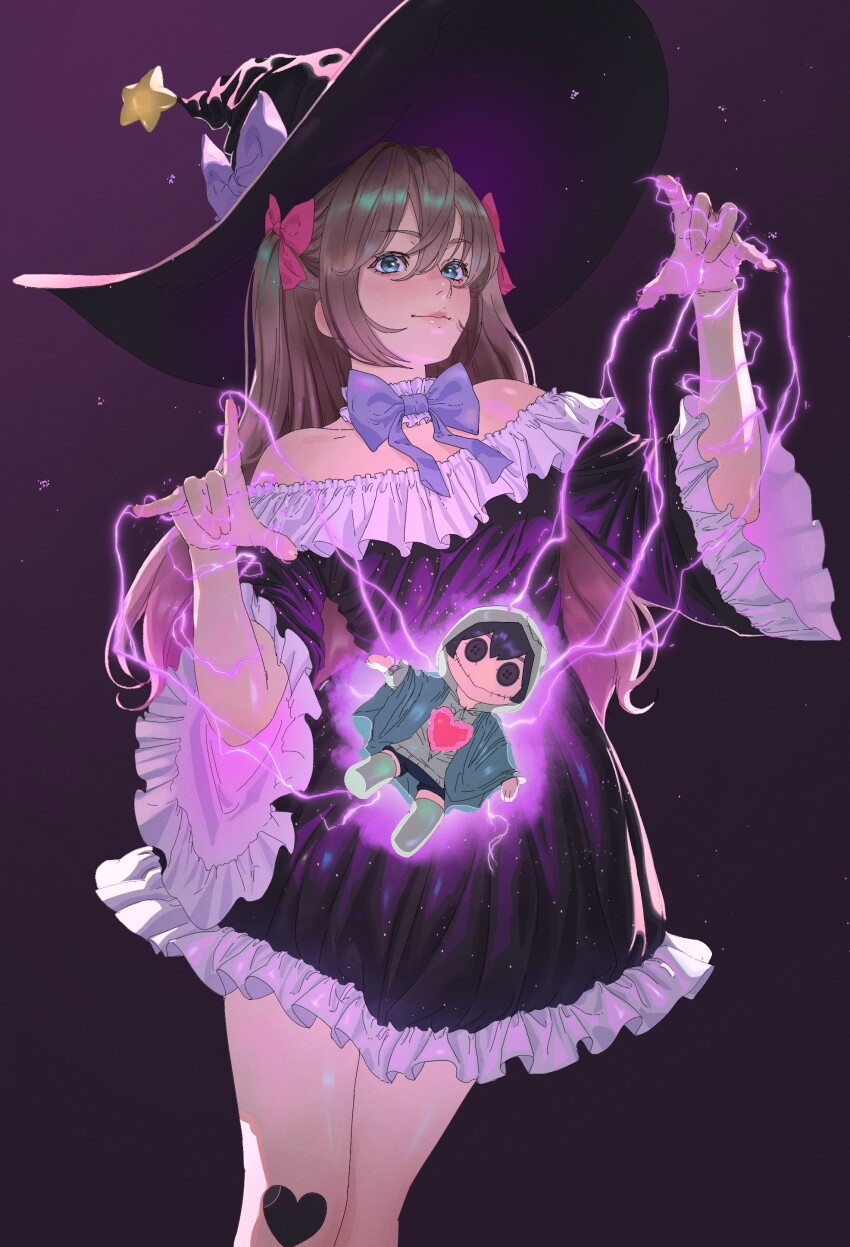 1girl absurdres black_dress black_hat blue_bow blue_bowtie blue_eyes bow bowtie brown_hair closed_mouth commentary_request cowboy_shot dress frilled_dress frills from_side gradient_background hair_between_eyes hat hat_bow hat_ornament highres indie_virtual_youtuber long_hair long_sleeves looking_at_viewer magic milanesa_001 neuro-sama purple_background solo star_(symbol) star_hat_ornament vedal987 virtual_youtuber voodoo_doll white_bow wide_brim witch_hat