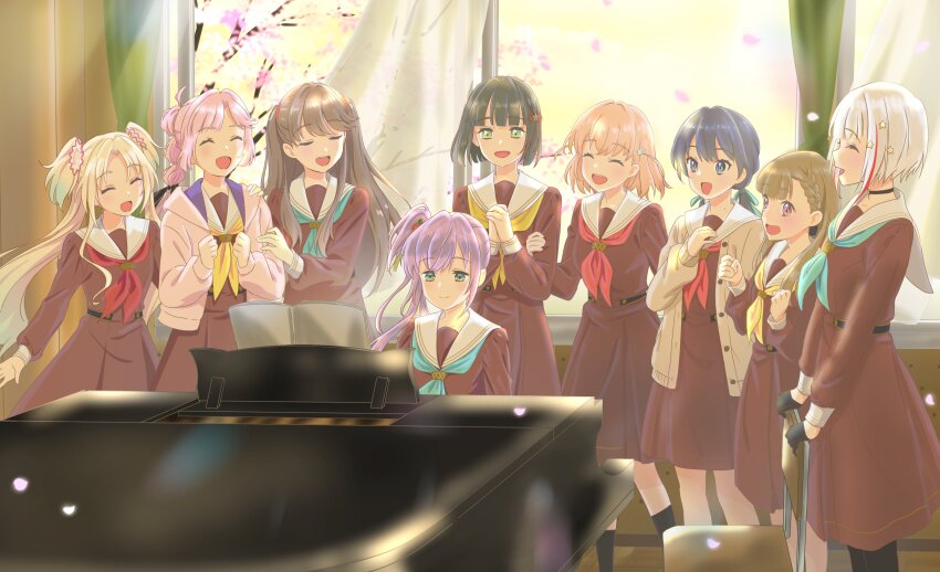 6+girls :d ^_^ absurdres ahoge anyoji_hime aqua_hair aqua_neckerchief black_bow black_choker black_pantyhose black_socks blonde_hair blue_eyes blue_hair blue_ribbon blunt_bangs blunt_ends blunt_sidelocks bob_cut bow braid breasts brown_dress brown_hair center-flap_bangs cherry_blossoms choker clenched_hands closed_eyes closed_mouth commentary_request curtains dress falling_petals flower flower_knot fujishima_megumi gradient_hair grand_piano hagisiri_kuma hair_bow hair_flower hair_intakes hair_ornament hair_ribbon hand_on_another&#039;s_arm hand_on_another&#039;s_shoulder hand_on_chair hand_on_own_chest hands_up hasu_no_sora_school_uniform hat highres hinoshita_kaho hood hooded_jacket indoors instrument inverted_bob jacket kachimachi_kosuzu link!_like!_love_live! long_hair long_sleeves love_live! low_twintails medium_breasts medium_dress medium_hair mini_hat mini_top_hat momose_ginko multi-tied_hair multicolored_hair multiple_girls murano_sayaka neckerchief open_clothes open_jacket open_mouth orange_hair osawa_rurino otomune_kozue own_hands_clasped own_hands_together pantyhose petals piano pink_flower pink_hair pink_jacket pink_petals pleated_dress ponytail rabbit_hair_ornament red_hair red_neckerchief ribbon sailor_collar sailor_dress school_uniform short_hair side_braids sidelocks smile socks split_mouth star_(symbol) star_hair_ornament streaked_hair top_hat twintails two_side_up u_u virtual_youtuber white_sailor_collar window winter_uniform yellow_neckerchief yugiri_tsuzuri