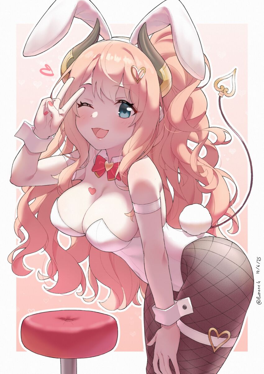 1girl absurdres animal_ear_hairband animal_ears black_pantyhose blonde_hair blue_eyes bow bowtie breasts curled_horns demon_horns demon_tail detached_collar fake_animal_ears fishnet_pantyhose fishnets hairband hand_on_own_thigh highres horns large_breasts leotard long_hair looking_at_viewer one_eye_closed orange_hair pantyhose playboy_bunny princess_connect! rabbit_ears rabbit_tail red_bow red_bowtie ruinone smile solo stool strapless strapless_leotard suzuna_(princess_connect!) tail v white_leotard wrist_cuffs