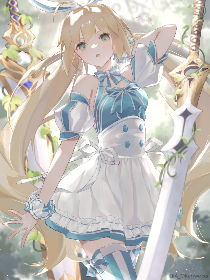 1girl ahoge animal_ear_hairband animal_ears aopix_001 argyle_clothes argyle_thighhighs artoria_caster_(fate) artoria_caster_(swimsuit_berserker)_(fate) artoria_caster_(swimsuit_berserker)_(second_ascension)_(fate) artoria_pendragon_(fate) bare_shoulders blonde_hair blue_dress bow bow_legwear breasts checkered_thighhighs dress dress_bow fake_animal_ears fate/grand_order fate_(series) green_eyes hairband highres long_hair looking_at_viewer puffy_short_sleeves puffy_sleeves rabbit_ears short_sleeves solo striped_clothes striped_thighhighs thighhighs twintails two-tone_thighhighs vertical-striped_clothes vertical-striped_thighhighs