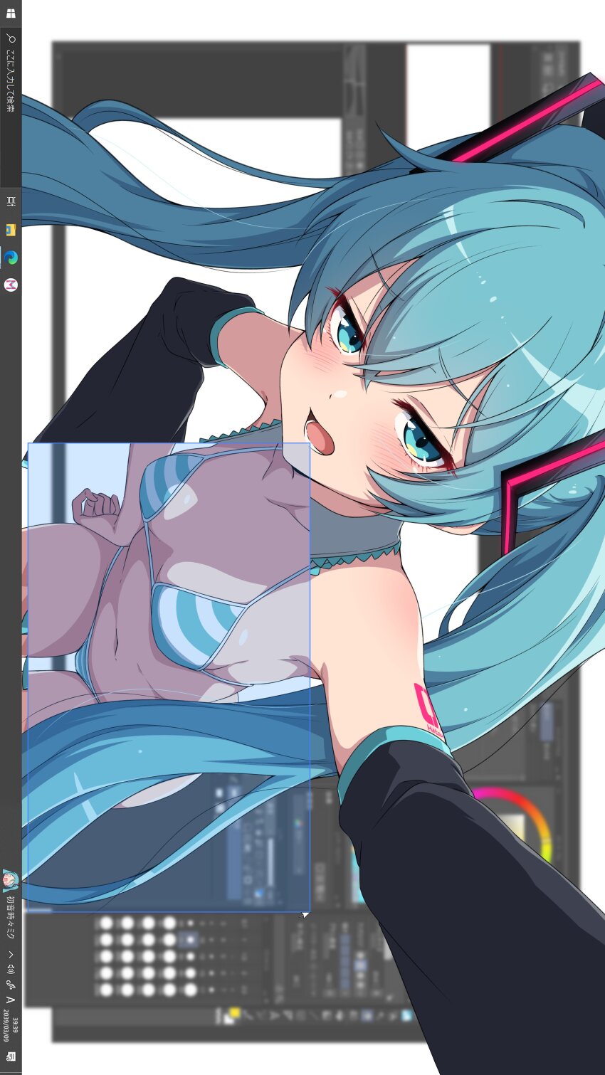 1girl absurdres aqua_eyes aqua_hair art_program_in_frame bikini black_sleeves detached_sleeves fake_screenshot fourth_wall hair_between_eyes half-closed_eyes hatsune_miku highres long_hair looking_at_viewer microsoft_windows navel nishizuki_shino number_tattoo open_mouth photoshop_(medium) sideways striped_bikini striped_clothes swimsuit taskbar tattoo teeth twintails very_long_hair vocaloid x-ray_vision