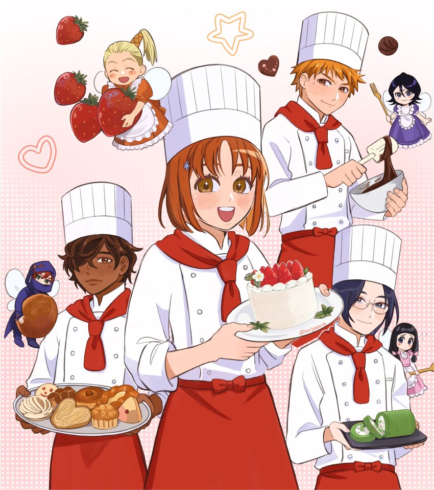 absurdres apron black_hair bleach blonde_hair blue_dress blue_pants blush bob_cut bow bread brown_hair cake character_request chef_hat closed_eyes cowboy_shot dark-skinned_male dark_skin dress fairy_wings food fork fruit glasses gradient_background green_eyes hair_between_eyes hair_bow hair_ornament hat high_ponytail highres holding holding_fork holding_plate holding_spatula holding_spoon hood inoue_orihime ishida_uryuu jacket kasumiooji_rurichiyo kuchiki_rukia kurosaki_ichigo long_hair luvlyroseve maid_apron mixing_bowl multiple_boys multiple_girls neckerchief open_mouth orange_dress orange_eyes orange_hair pants parted_bangs pastry pink_background pink_bow pink_dress plate ponytail puffy_short_sleeves puffy_sleeves red_apron red_hair red_neckerchief sado_yasutora short_hair short_sleeves sidelocks smile snowflake_hair_ornament spatula spoon strawberry strawberry_shortcake white_jacket wings yumeiro_patissiere