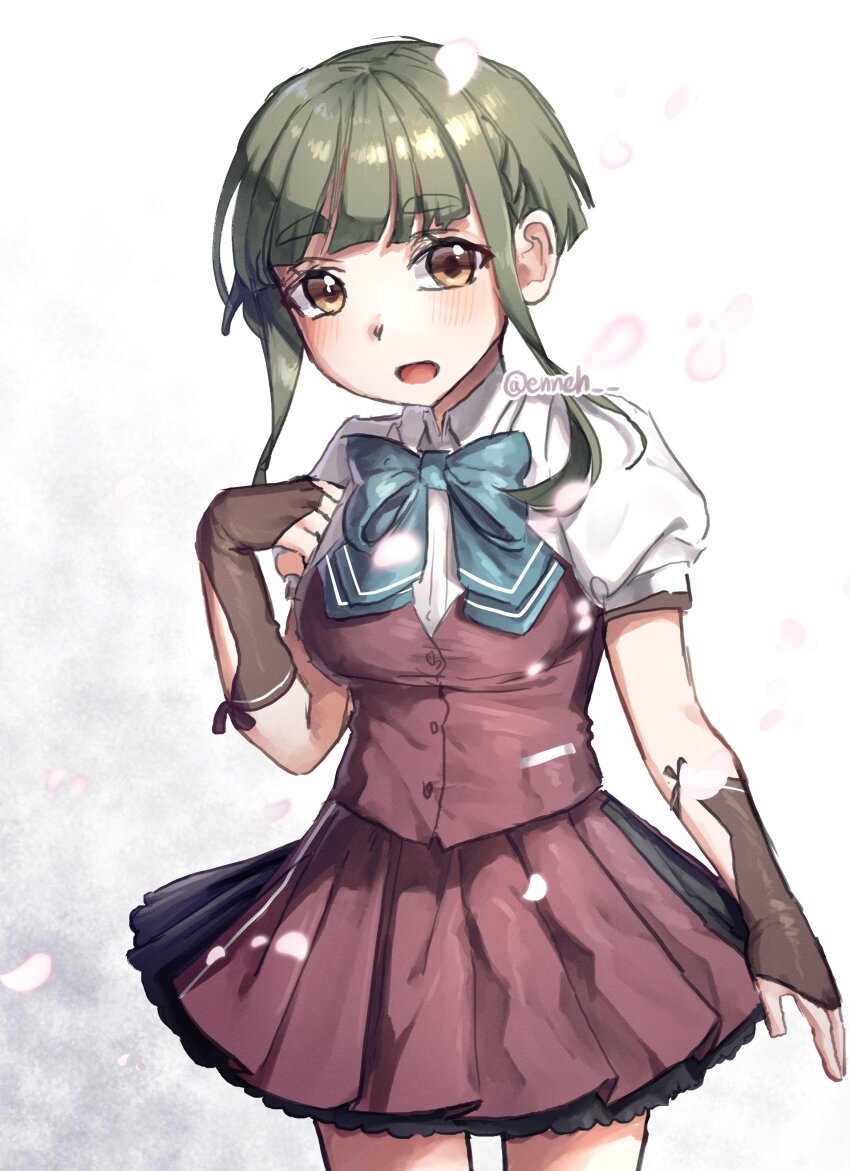 1girl absurdres aqua_bow bow brown_gloves brown_skirt brown_vest collared_shirt cowboy_shot dress_shirt enneh fingerless_gloves gloves green_hair highres kantai_collection one-hour_drawing_challenge shirt short_hair short_hair_with_long_locks sidelocks skirt solo summer_uniform takanami_(kancolle) takanami_kai_ni_(kancolle) vest white_shirt yellow_eyes
