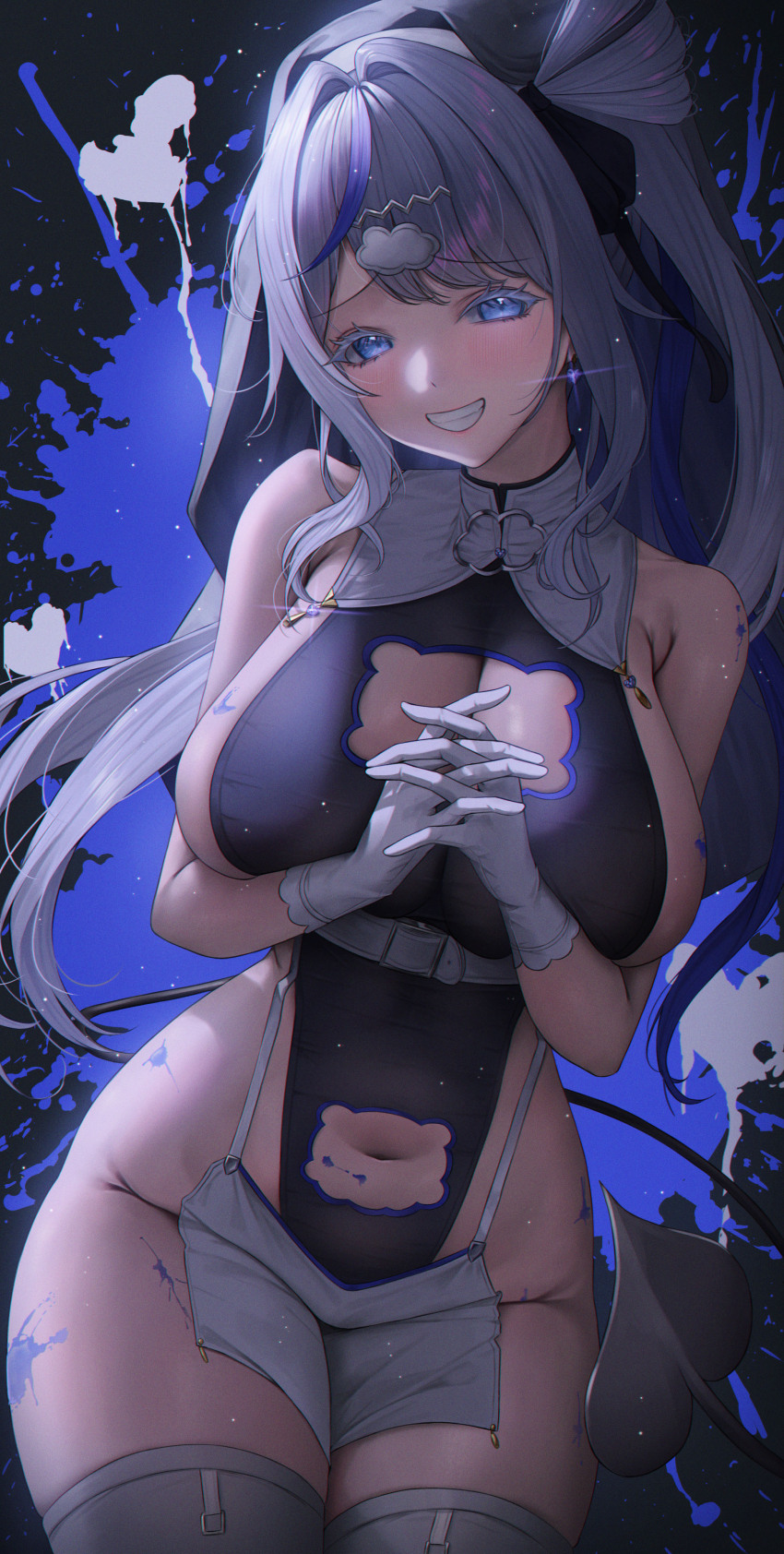 1girl absurdres aokumo_rin bare_hips belt black_leotard black_tail blue_eyes blue_hair breasts bsmage chest_belt choker cleavage cleavage_cutout clothing_cutout cloud_hair_ornament colored_eyelashes demon_girl demon_tail earrings garter_straps gloves grey_hair grey_thighhighs grin hair_intakes hair_rings heart heart_earrings highres jewelry large_breasts leotard long_hair looking_at_viewer multicolored_hair navel_cutout nun own_hands_clasped own_hands_together paint_splatter pelvic_curtain revealing_clothes sideless_leotard single_hair_ring smile solo stellive streaked_hair tail thighhighs very_long_hair virtual_youtuber white_belt white_choker white_eyelashes white_gloves