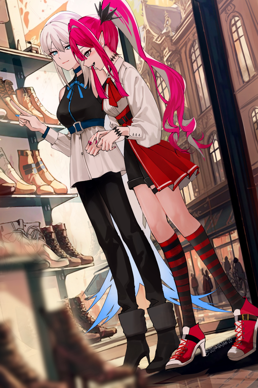 00kashian00 2girls absurdres baobhan_sith_(fate) black_footwear black_pants black_shorts black_skirt blue_eyes blue_nails blush boots closed_mouth detached_sleeves fate/grand_order fate_(series) full_body grey_eyes hand_up high_heel_sneakers high_heels highres indoors kneehighs long_hair morgan_le_fay_(fate) mother_and_daughter multiple_girls nail_polish open_mouth pants pants_under_skirt pink_hair pointing pointy_ears ponytail puffy_sleeves red_footwear red_nails red_skirt shelf shirt shopping shorts showgirl_skirt skirt smile socks striped_clothes striped_socks white_hair white_shirt white_skirt window