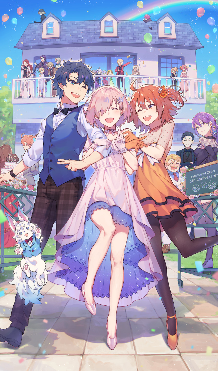 6+boys 6+girls absurdres ahoge altera_(fate) artoria_pendragon_(fate) back balloon bare_legs bedivere_(fate) black_eyes black_hair black_legwear bow breasts bug butterfly closed_mouth dress edmond_dantes_(fate) fate/grand_order fate_(series) fou_(fate) frankenstein&#039;s_monster_(fate) fujimaru_ritsuka_(female) fujimaru_ritsuka_(female)_(starlight_fest) fujimaru_ritsuka_(male) fujimaru_ritsuka_(male)_(starlight_fest) fuuma_kotarou_(fate) gawain_(fate) gilgamesh_(fate) gloves goredolf_musik hair_ribbon hat highres horns house huge_filesize insect jack_the_ripper_(fate/apocrypha) jeanne_d&#039;arc_(fate) jeanne_d&#039;arc_alter_santa_lily_(fate) lancelot_(fate/grand_order) leonardo_da_vinci_(fate) long_hair mash_kyrielight mash_kyrielight_(formal_dress) mordred_(fate) mordred_(fate/apocrypha) multiple_boys multiple_girls necktie nursery_rhyme_(fate) official_alternate_costume one_eye_closed open_mouth pants paul_bunyan_(fate) purple_eyes purple_hair ribbon romani_archaman saber_(fate) scarf sherlock_holmes_(fate) shirt short_hair sion_eltnam_(type-moon) sion_eltnam_atlasia sion_eltnam_sokaris skirt smile thighhighs tristan_(fate) tuze111