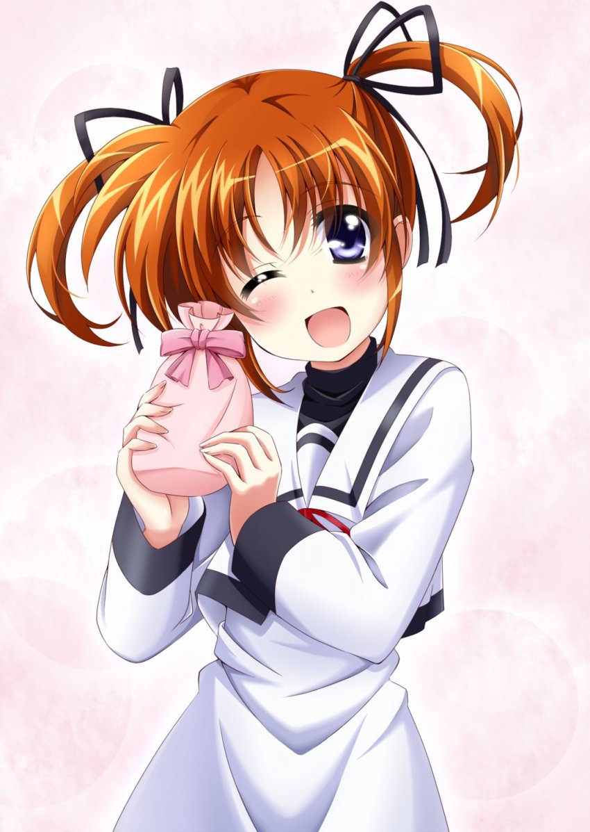 1girl ;d black_ribbon black_shirt commentary_request dress gift hair_ribbon highres holding holding_gift looking_at_viewer lyrical_nanoha mahou_shoujo_lyrical_nanoha one_eye_closed open_mouth ribbon sailor_collar sailor_dress school_uniform seishou_elementary_school_uniform shirt short_hair smile solo standing takamachi_nanoha white_dress white_sailor_collar yorousa_(yoroiusagi)