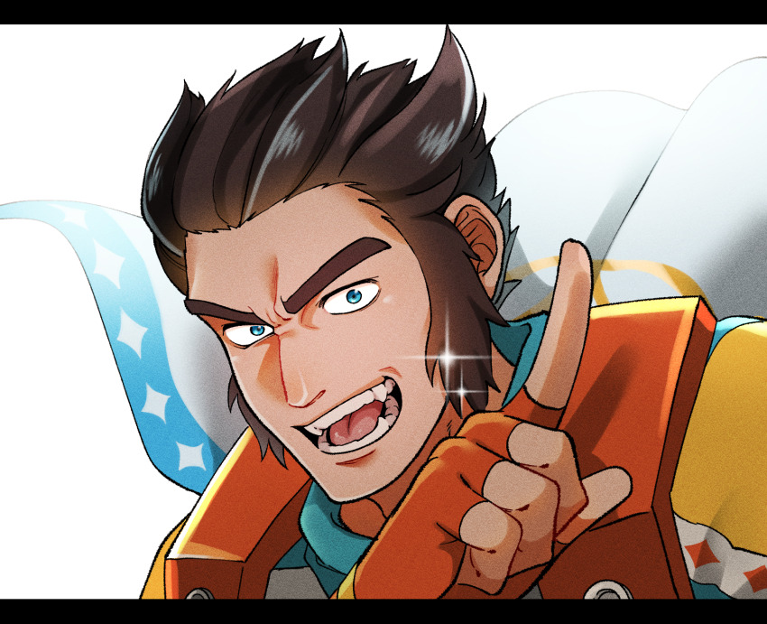 1boy blue_eyes brown_hair cape commentary_request fangs film_grain fingerless_gloves gloves highres index_finger_raised jacket letterboxed long_sideburns male_focus mugicha_(zoro1132) my_time_at_portia my_time_at_sandrock open_mouth orange_gloves pen_(my_time_at_sandrock) portrait sideburns smile solo sparkle thick_eyebrows