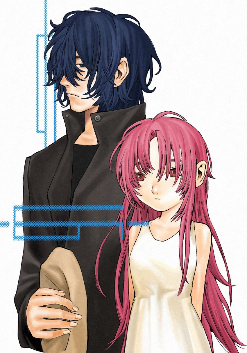 1boy 1girl arms_behind_back black_eyes blue_hair check_copyright coat commission copyright_request dress expressionless flat_chest hair_over_one_eye highres kennomou long_hair original red_eyes upper_body white_dress