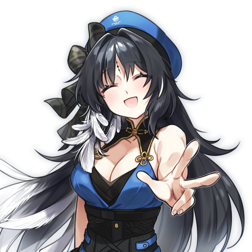 1girl :d ^_^ bare_arms bare_shoulders black_hair black_sash blue_hat blue_shirt blush breasts cleavage closed_eyes collarbone commentary_request facial_mark feather_hair forehead forehead_mark hair_intakes halterneck hat hat_ribbon highres korean_commentary large_breasts long_hair mole mole_under_eye myam_(123ab456c) open_mouth parted_bangs reaching reaching_towards_viewer ribbon sash shirt simple_background smile solo tacet_mark_(wuthering_waves) upper_body v white_background wuthering_waves yangyang_(wuthering_waves)