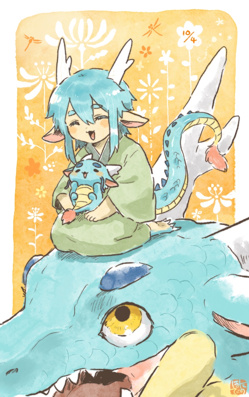 1boy absurdres animal_ears blue_hair closed_eyes commentary_request dragon dragon_boy dragon_ears dragon_horns dragon_tail eastern_dragon eastern_dragon_horns eastern_dragon_tail floral_background green_kimono highres horns hotathino japanese_clothes kimono male_focus original seiza sitting solo tail yellow_background yellow_eyes