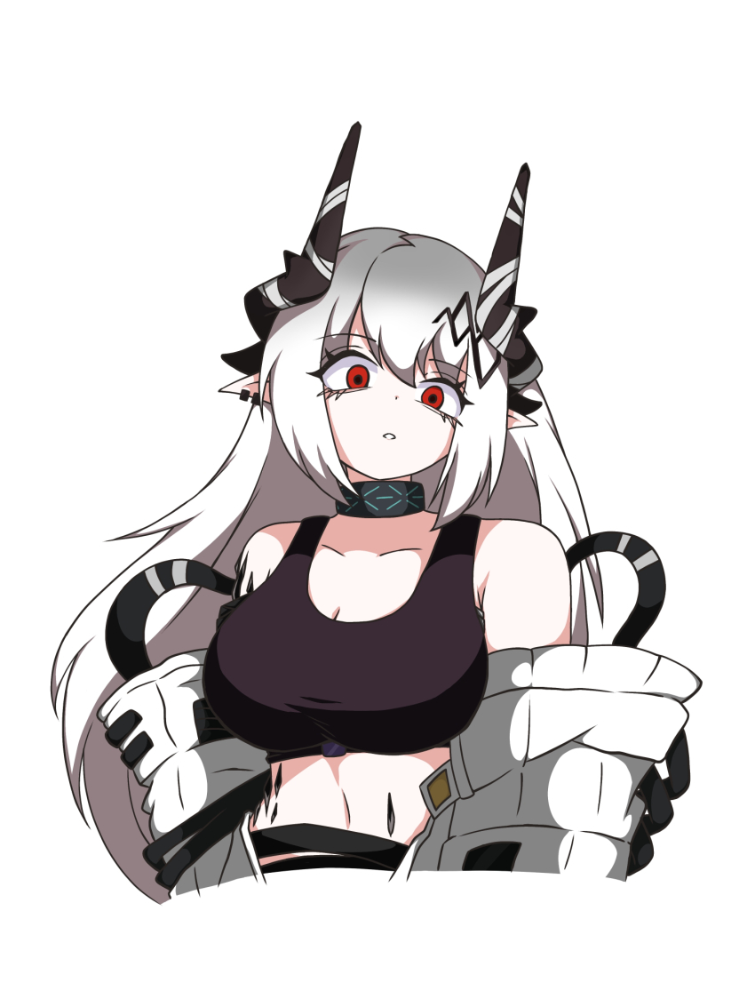 1girl arknights bare_shoulders black_horns breasts cleavage commentary_request crop_top cropped_torso ear_piercing eyes_visible_through_hair gradient_hair grey_hair haruuuu1185_(kubaharu) highres horns infection_monitor_(arknights) material_growth medium_breasts mudrock_(arknights) mudrock_(elite_ii)_(arknights) multicolored_hair navel oripathy_lesion_(arknights) parted_lips partial_commentary piercing pointy_ears red_eyes sidelocks simple_background sleeveless solo white_background white_hair