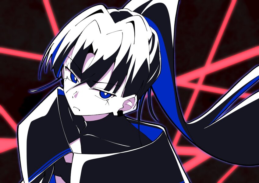 1girl ado_(utaite) black_hair blue_eyes blue_hair colored_inner_hair commentary_request hair_between_eyes highres long_hair looking_at_viewer multicolored_hair naima_(ado) nori_(norinori_yrl) open_mouth ponytail solo upper_body usseewa