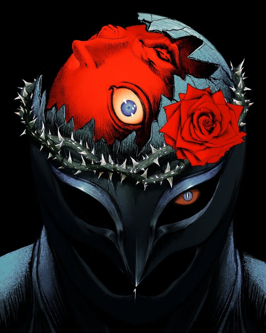 1boy behelit berserk black_background blue_eyes colored_sclera crown_of_thorns femto_(berserk) flower griffith_(berserk) highres looking_at_viewer male_focus nisino2222 plant red_flower red_rose red_sclera rose slit_pupils solo thorns vines