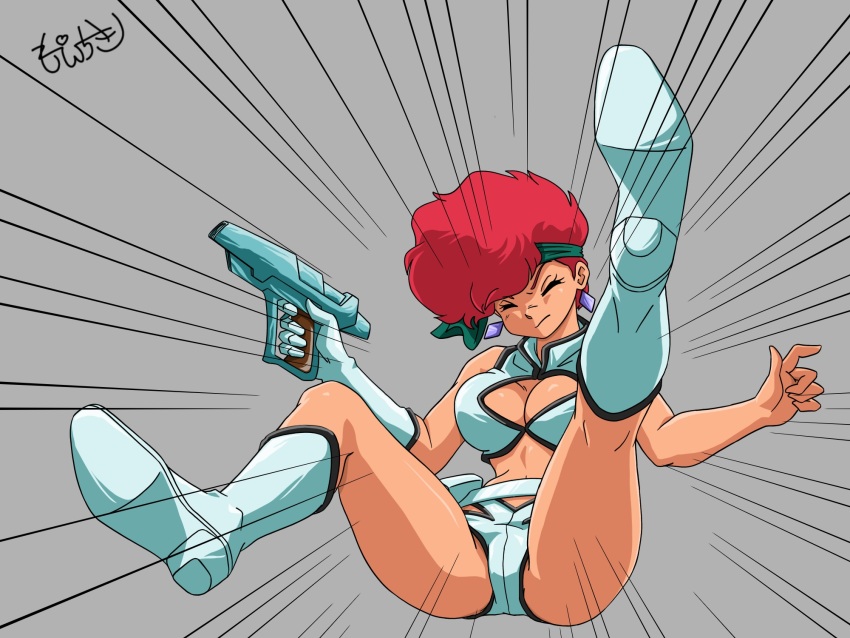 1girl bad_id bad_pixiv_id breasts cleavage dirty_pair earrings emphasis_lines closed_eyes falling gloves green_headband grey_background gun headband highres holding holding_gun holding_weapon jewelry kei_(dirty_pair) medium_breasts midriff moechiki open_hand red_hair single_glove solo weapon white_footwear white_gloves