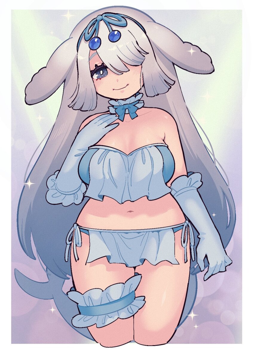 an-chan_(ananna0315) bare_legs bare_shoulders bikini blue_bikini blue_bow blue_choker blue_eyes blue_gloves blush bow cetacean_tail choker dugong_(kemono_friends) elbow_gloves fins fish_tail frilled_bikini frilled_choker frilled_gloves frills gloves grey_hair hair_between_eyes hair_bow hair_over_one_eye head_fins highres kemono_friends long_hair looking_at_viewer midriff multicolored_hair navel sidelocks smile swimsuit tail thigh_strap