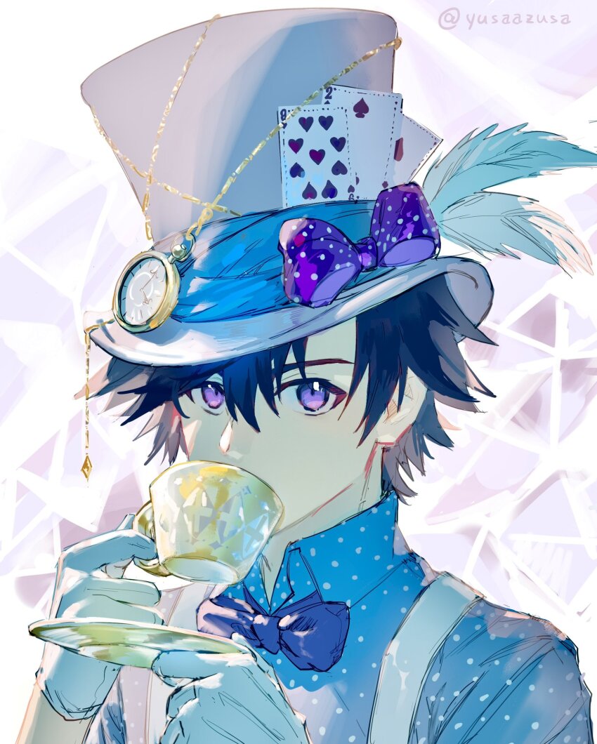 1boy black_hair bow bowtie cup drinking eiyuu_densetsu gloves hair_between_eyes hat hat_bow hat_feather highres holding holding_cup holding_plate looking_at_viewer mullet parted_bangs plate pocket_watch portrait purple_eyes rean_schwarzer sen_no_kiseki_(series) short_hair teacup top_hat traditional_bowtie twitter_username watch white_gloves yusaazusa