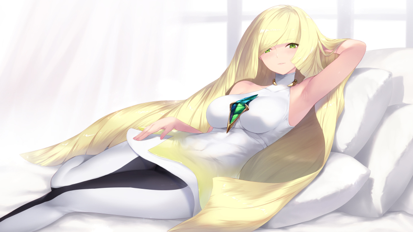 1girl arm_behind_head arm_up armpits bare_shoulders black_leggings blonde_hair breasts cait_aron dress gem gradient_clothes gradient_skirt green_eyes green_gemstone hair_over_one_eye highres large_breasts leggings long_hair looking_at_viewer lusamine_(pokemon) lying nintendo pillow pokemon pokemon_sm skirt smile solo thighs two-tone_legwear white_dress white_leggings yellow_skirt