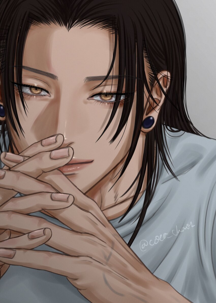 1boy absurdres black_hair coco_chaos collarbone crew_neck earrings eyelashes fingernails getou_suguru hair_down highres jewelry jujutsu_kaisen long_hair looking_at_viewer male_focus own_hands_clasped own_hands_together piercing shirt solo twitter_username upper_body white_shirt widow&#039;s_peak yellow_eyes