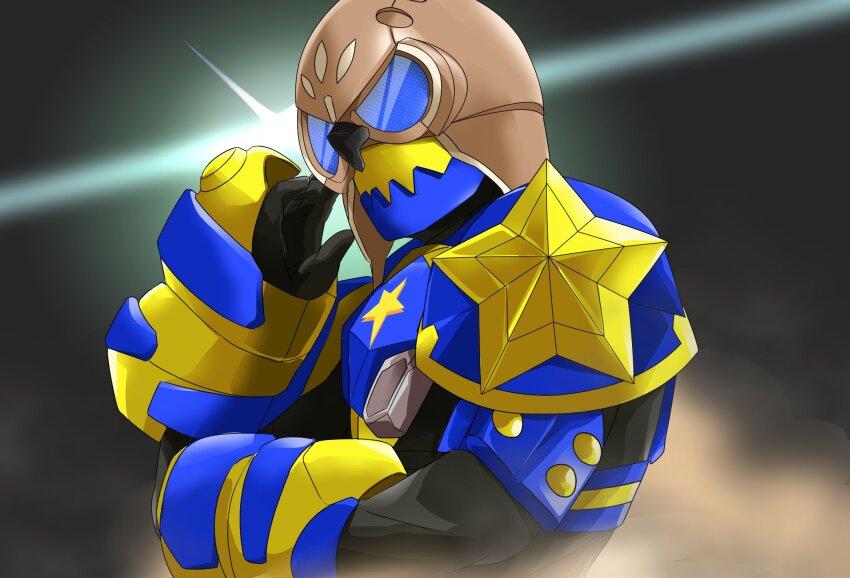 1boy bird black_bodysuit black_gloves blue_eyes bodysuit brown_headwear from_side gloves highres kamen_rider kamen_rider_geats_(series) kamen_rider_nudge_sparrow lens_flare looking_at_viewer male_focus miyabi_(037) monster monster_buckle open_hand sparrow star_(symbol) upper_body