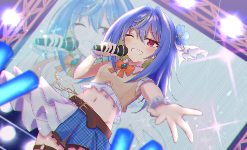 1girl adapted_costume belt blue_brooch blue_flower blue_hair blue_skirt blush bow bowtie breasts brown_belt brown_shirt chromatic_aberration commentary_request cowboy_shot crop_top dutch_angle flower frilled_shirt frills green_hair grin hair_between_eyes hair_flower hair_intakes hair_ornament highres hiyoku_no_crosspiece holding holding_microphone idol long_bangs long_hair looking_at_viewer microphone midriff mole mole_on_stomach mole_under_eye multicolored_hair nanashi_inc. navel o-ring o-ring_thigh_strap one_eye_closed orange_bow orange_bowtie pink_eyes plaid_clothes plaid_skirt reaching reaching_towards_viewer salmon231 screen shirt skirt sleeveless sleeveless_shirt small_breasts smile solo stage stage_lights suzumi_nemo suzumi_nemo_(1st_costume) thigh_strap two-tone_hair virtual_youtuber