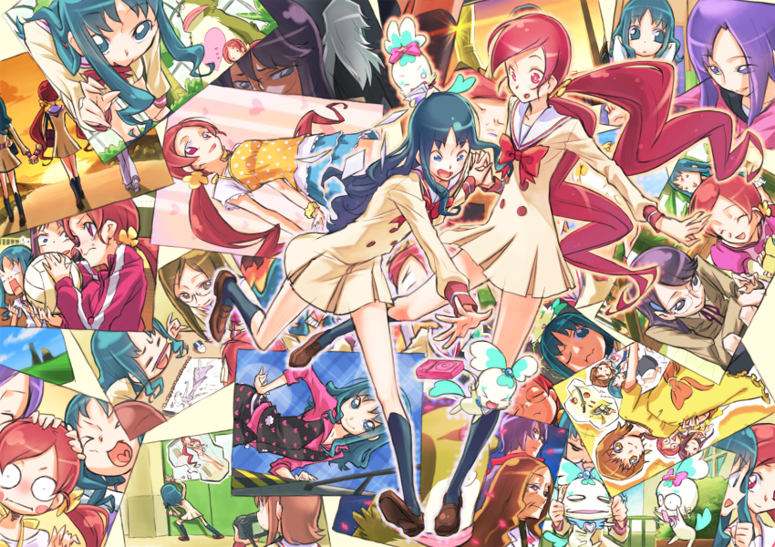10s 6+girls bad_id bad_pixiv_id blue_eyes blue_hair chypre_(heartcatch_precure!) coffret_(heartcatch_precure!) coupe_(heartcatch_precure!) hanasaki_kaoruko hanasaki_sora hanasaki_tsubomi heartcatch_precure! highres irei_eri kuroda_rumiko kurumi_erika kurumi_momoka long_hair montage multiple_girls myoudouin_itsuki pink_eyes pink_hair ponytail precure professor_sabaku ribbon sakuma_toshiko sawai_naomi smile tada_kanae tsukikage_yuri twintails