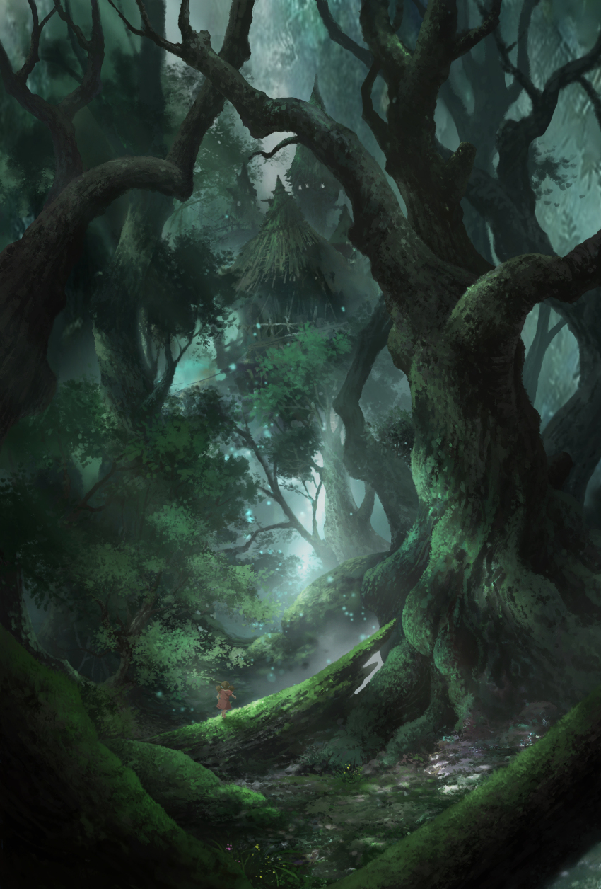 1girl absurdres commentary_request concept_art fallen_tree forest highres hut iko_na leaf moss mossy_tree nature original scenery solo tree treehouse