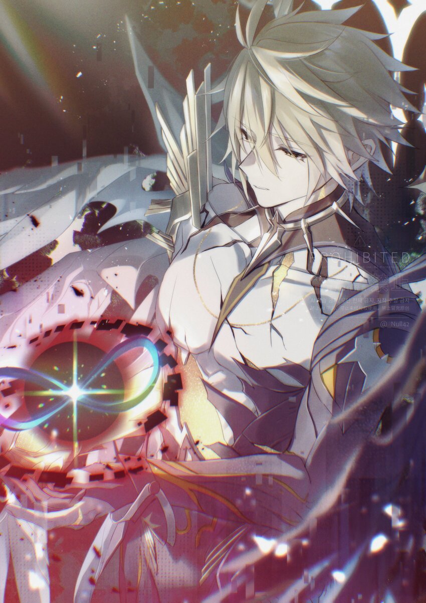 1boy absurdres alternate_form asymmetrical_wings bare_pectorals black_shirt black_wings blonde_hair commentary_request cracked_skin hair_between_eyes halo halo_behind_head highres honkai:_star_rail honkai_(series) infinity_symbol male_focus material_growth null42 pectorals phainon_(honkai:_star_rail) phainon_(khaslana)_(honkai:_star_rail) shirt short_hair solo torn_clothes torn_shirt wings yellow_blood yellow_eyes yellow_wings