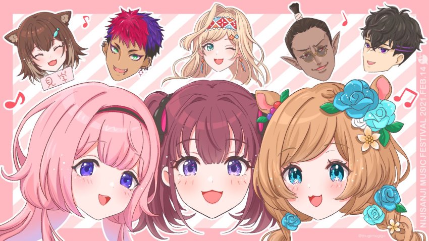 3boys 5girls :3 ^_^ animal_ears black_hair blue_eyes blue_flower blue_rose blush braid brown_eyes cat_ears cat_girl closed_eyes dark-skinned_male dark_skin elf eli_conifer closed_eyes flower fumino_tamaki gwelu_os_gar hair_behind_ear hair_flower hair_ornament head_only layla_alstroemeria lee_roha looking_at_viewer looking_to_the_side mugimugigo multiple_boys multiple_girls musical_note nijisanji nijisanji_id nijisanji_kr one_eye_closed open_mouth pink_hair pointy_ears purple_eyes purple_hair red_hair reza_avanluna riksa_dhirendra rose smile squirrel_ears squirrel_girl sunglasses suo_sango twin_braids twintails virtual_youtuber