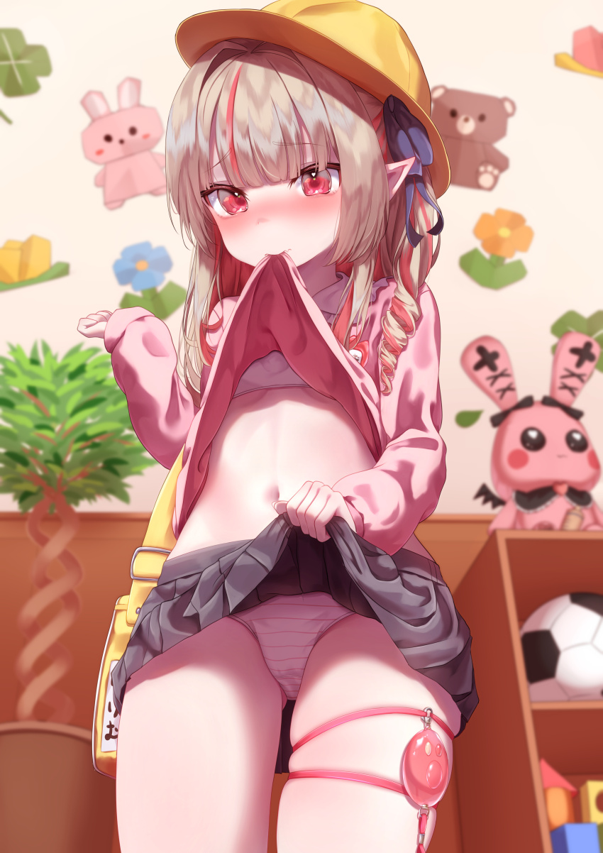absurdres bag black_skirt bra clothes_lift commentary_request cowboy_shot drill_hair grey_hair hat highres indoors kindergarten_uniform lifting_own_clothes long_hair long_sleeves makaino_ririmu miniskirt multicolored_hair multiple_thigh_straps nijisanji panties pink_hair pink_panties pink_shirt pleated_skirt pointy_ears ramuneru school_hat shirt shoulder_bag skirt skirt_lift stomach streaked_hair striped_clothes striped_panties underwear virtual_youtuber white_bra yellow_hat