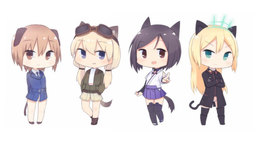 4girls animal_ears aqua_eyes bad_id bad_twitter_id black_hair blonde_hair blue_necktie brown_eyes carla_j._luksic cat_ears cat_tail chibi dog_ears dog_tail heinrike_prinzessin_zu_sayn-wittgenstein highres hirschgeweih_antennas jennifer_j_deblanc kuroda_kunika light_brown_hair long_hair military military_uniform multiple_girls necktie noble_witches panties purple_eyes seedflare short_hair simple_background strike_witches tail thighhighs underwear white_background world_witches_series