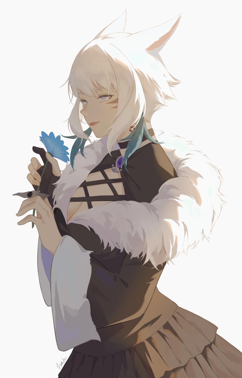 1girl animal_ears black_choker black_dress black_gloves blue_eyes blue_flower breasts brooch cat_ears choker claw_ring cleavage cleavage_cutout clothing_cutout commentary cowboy_shot dress facial_mark feather_hair_ornament feathers final_fantasy final_fantasy_xiv flower from_side fur-trimmed_dress fur_trim gem gloves hair_ornament hands_up hane_(yhane312) highres holding holding_flower jewelry looking_at_object miqo&#039;te neck_tattoo partially_fingerless_gloves purple_gemstone short_hair signature simple_background single_glove slit_pupils smile solo standing tattoo white_background white_hair wide_sleeves y&#039;shtola_rhul
