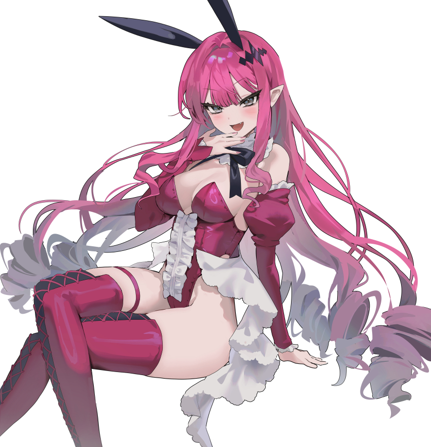 1girl absurdres animal_ears baobhan_sith_(fate) bare_shoulders blush boots breasts cleavage crossed_legs detached_sleeves fake_animal_ears fang fate/grand_order fate_(series) frilled_leotard frills grey_eyes hand_up highres leotard long_hair looking_at_viewer mokana_moka open_mouth pink_hair pink_leotard playboy_bunny pointy_ears rabbit_ears revision sake_onicure sidelocks simple_background sitting smile solo thigh_boots tsurime white_background