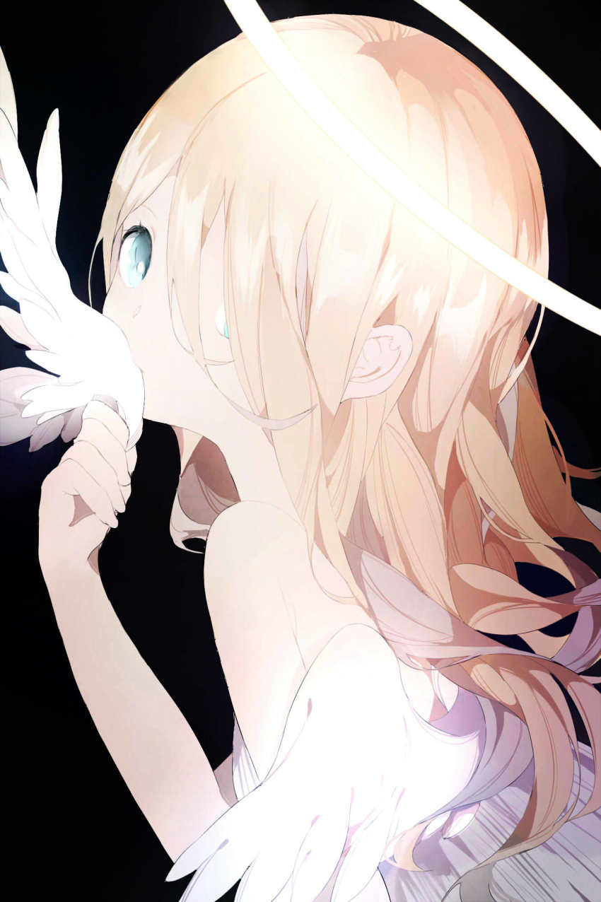1girl angel angel_wings aqua_eyes bare_shoulders biting black_background blonde_hair breasts brown_hair cannibalism dress eating feathered_wings from_side hair_between_eyes hair_over_one_eye halo hand_up highres holding holding_whip leaning_forward long_hair looking_at_viewer looking_to_the_side multicolored_hair n79oqc3yja6jlof original severed_wings simple_background sleeveless sleeveless_dress small_breasts solo streaked_hair upper_body white_background white_dress white_wings wings
