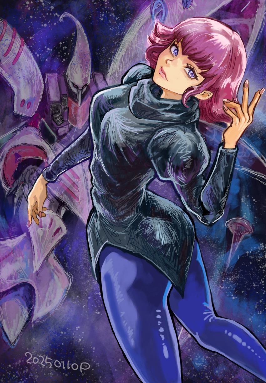 1girl blue_pantyhose breasts closed_mouth commentary dated eyelashes gundam haman_karn highres large_breasts looking_at_viewer mecha medium_hair okrdisk2000 pantyhose pink_hair pink_lips purple_eyes qubeley robot space zeta_gundam