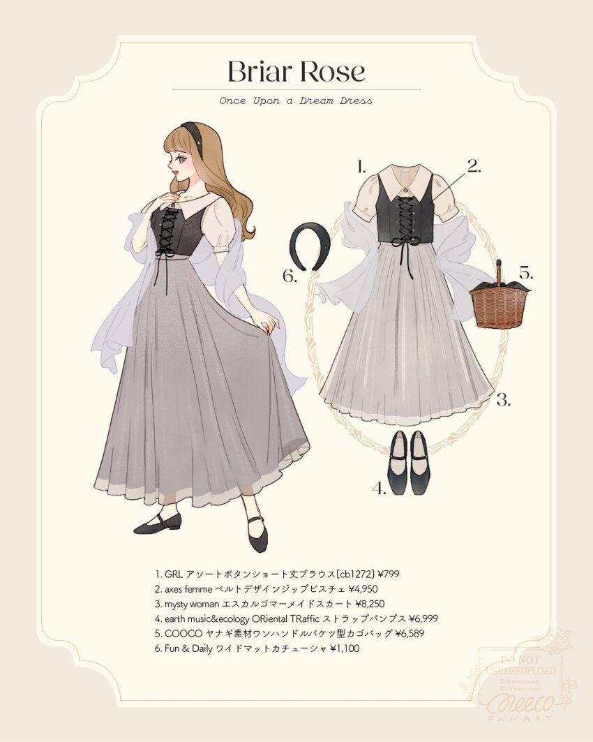 1girl animification aurora_(disney) blonde_hair copyright_name dress english_text flower hairband highres holding long_hair long_sleeves makeup meecosme red_lips shoes simple_background sleeping_beauty_(disney) smile solo translation_request