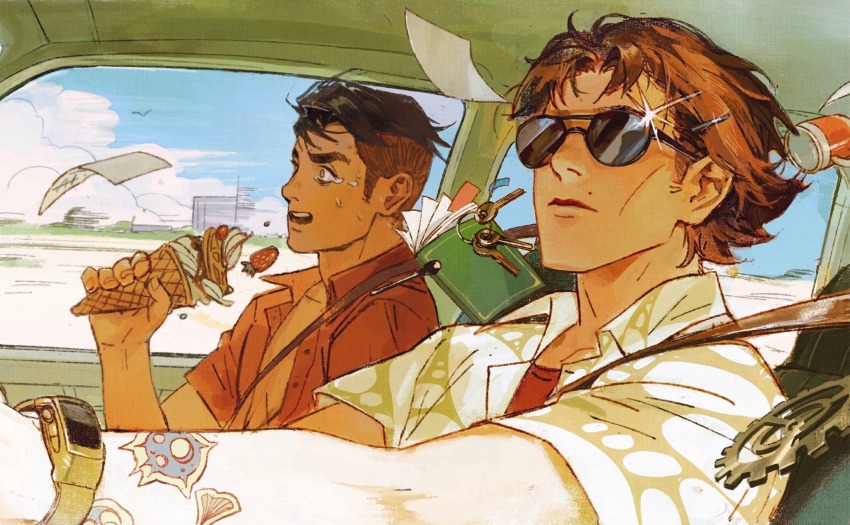 2boys arcane:_league_of_legends book brown_hair car_interior collared_shirt day food highres ice_cream ice_cream_cone jayce_(league_of_legends) key league_of_legends mimimi_(highspeeddog) mole mole_above_mouth multiple_boys open_book open_clothes open_shirt red_shirt shirt short_sleeves sunglasses tears teeth upper_teeth_only viktor_(arcane) viktor_(league_of_legends) watch wristwatch