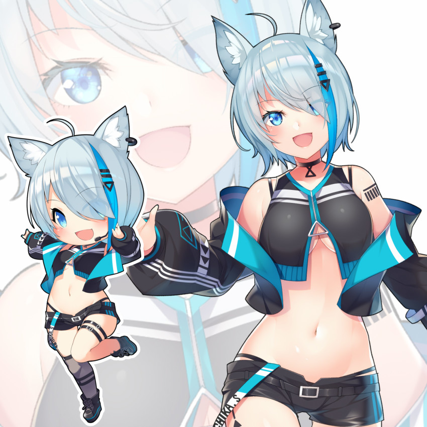 1girl :d ahoge animal_ear_fluff animal_ears animare bare_shoulders belt black_shirt black_shorts blue_eyes blue_hair breasts chibi choker crop_top cropped_jacket dog_ears ear_piercing eyes_visible_through_hair hair_ornament hair_over_one_eye hairclip highleg highres jacket kokka_han large_breasts leg_belt long_sleeves looking_at_viewer midriff multicolored_hair multiple_views nanashi_inc. navel off_shoulder open_clothes open_jacket open_mouth piercing puffy_sleeves shirt shoes short_hair short_shorts shorts silver_hair single_thighhigh sleeveless sleeveless_shirt smile souya_ichika souya_ichika_(4th_costume) stomach streaked_hair thighhighs underboob virtual_youtuber zoom_layer