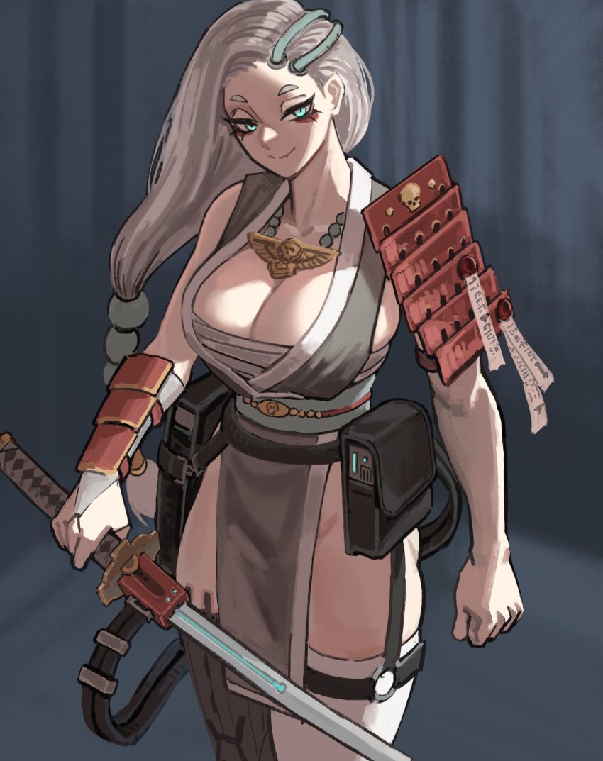 absurdres armor blue_eyes breasts bridal_gauntlets chest_sarashi cleavage collarbone electrical_outlet grey_hair highres holding holding_sword holding_weapon japanese_armor katana long_hair mechanical_legs ninja purity_seal sarashi shoulder_armor single_mechanical_leg skull soldat_(dndosld73832) sword thighhighs warhammer_40k weapon