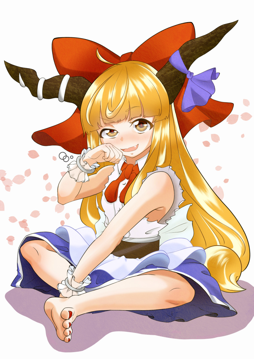 1girl absurdres barefoot belt blonde_hair blue_skirt blush bow bowtie brown_belt brown_eyes brown_horns buttons collared_shirt commentary_request fang full_body hair_bow highres horn_bow horn_ornament horns ibuki_suika kurohiba long_hair looking_at_viewer nail_polish open_mouth petals purple_bow red_bow red_bowtie red_nails shirt sitting skirt sleeveless sleeveless_shirt smile solo squeans toenail_polish toenails touhou very_long_hair white_shirt wrist_cuffs