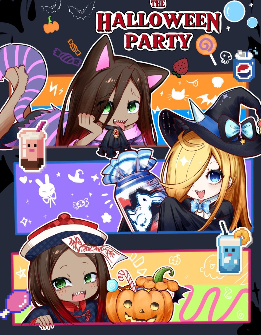 1girl 2boys :d animal_ears ascot black_dress blonde_hair blue_bow blue_bowtie blue_eyes blush bow bowtie brown_hair candy candy_cane cat_ears cat_girl cat_tail chinese_clothes cup dark-skinned_female dark_skin dress drink drinking_straw english_text fangs food fruit gradient_hair green_eyes hair_over_one_eye halloween halloween_bucket halloween_costume happy_halloween hat hat_bow hat_ornament highres holding horns jack-o&#039;-lantern jar jiangshi jiangshi_costume juice lollipop long_hair long_sleeves looking_at_viewer louis_arneb lye_batenkaitos lying milk milk_carton multicolored_hair multiple_boys multiple_girls ofuda on_stomach one_eye_covered open_mouth outline parted_bangs pumpkin qingdai_guanmao re:zero_kara_hajimeru_isekai_seikatsu red_hair roy_alphard sharp_teeth sleeves_past_fingers sleeves_past_wrists smile star_(symbol) strawberry tail teeth xianyurenkule1