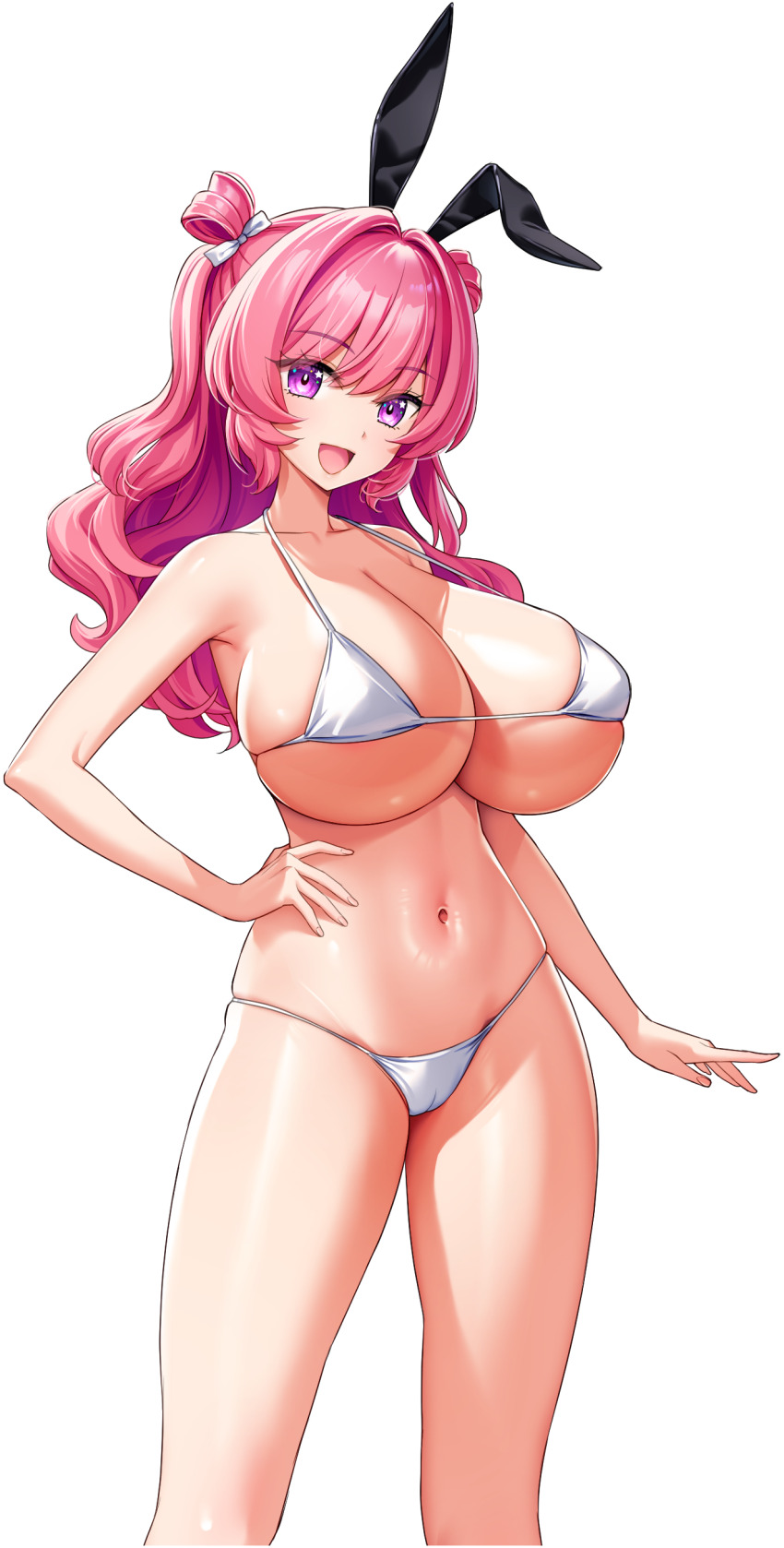 1girl :d absurdres animal_ear_hairband animal_ears arm_at_side bikini black_hairband breasts chichino_kaori cleavage derauea double_bun fake_animal_ears game_cg hair_bun hair_intakes hair_rings hairband hand_on_own_hip highres huge_breasts light_blush long_hair looking_at_viewer micro_bikini motto!_haramase!_honoo_no_oppai_isekai_oppai_bunny_gakuen! navel non-web_source nontraditional_playboy_bunny official_art open_mouth pink_hair purple_eyes rabbit_ear_hairband rabbit_ears smile solo standing star_(symbol) star_in_eye swimsuit symbol_in_eye tachi-e transparent_background wavy_hair wavy_sidelocks white_bikini
