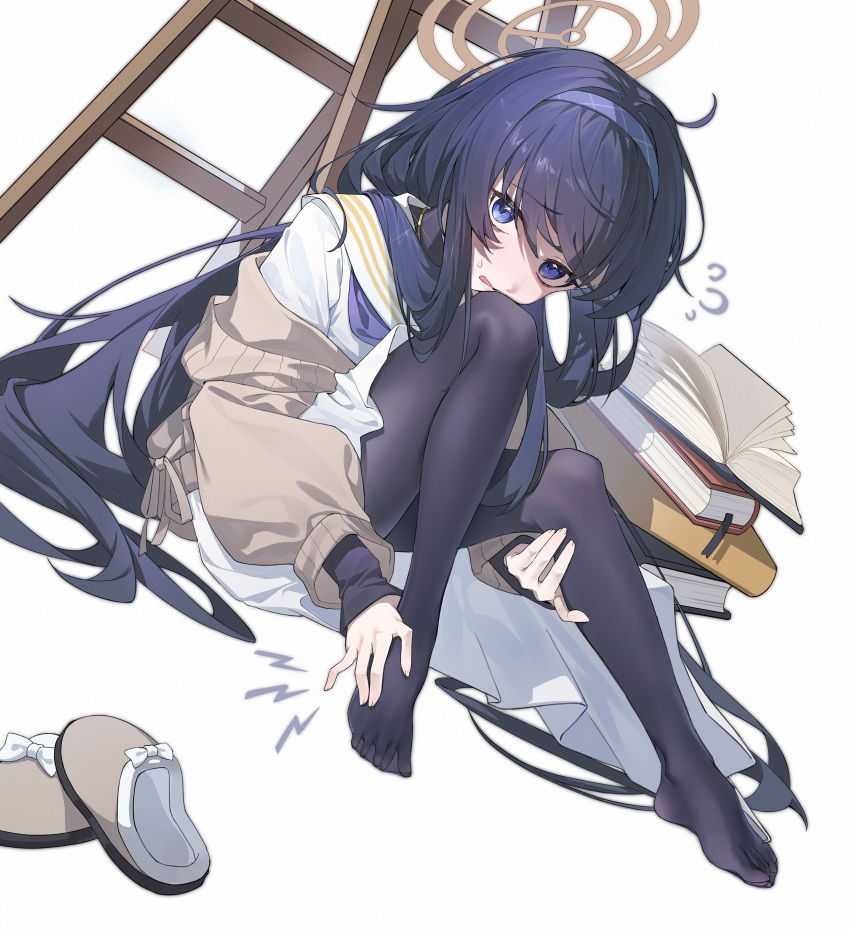 1girl absurdres bags_under_eyes black_pantyhose blue_archive blue_eyes blue_hair blue_hairband blush book brown_cardigan brown_halo cardigan commentary_request dutch_angle feet hair_spread_out hairband halo hand_on_own_foot hand_on_own_leg highres knees_together_feet_apart knees_up ladder legs long_hair looking_at_viewer lushi_jin_up no_shoes off_shoulder pantyhose parted_lips sitting slippers solo spread_toes stepladder sweat toes ui_(blue_archive) unworn_slippers