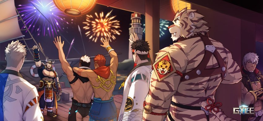 abs bara bare_pectorals boat creed_(gyee) facial_hair fireworks goatee grancy_(gyee) gyee hachi_(gyee) hairy highres kong_(gyee) large_pectorals male_focus mature_male muscular muscular_male new_year pectorals spiked_hair sven_(gyee) takashi_(gyee) watercraft yan_(gyee) zifu