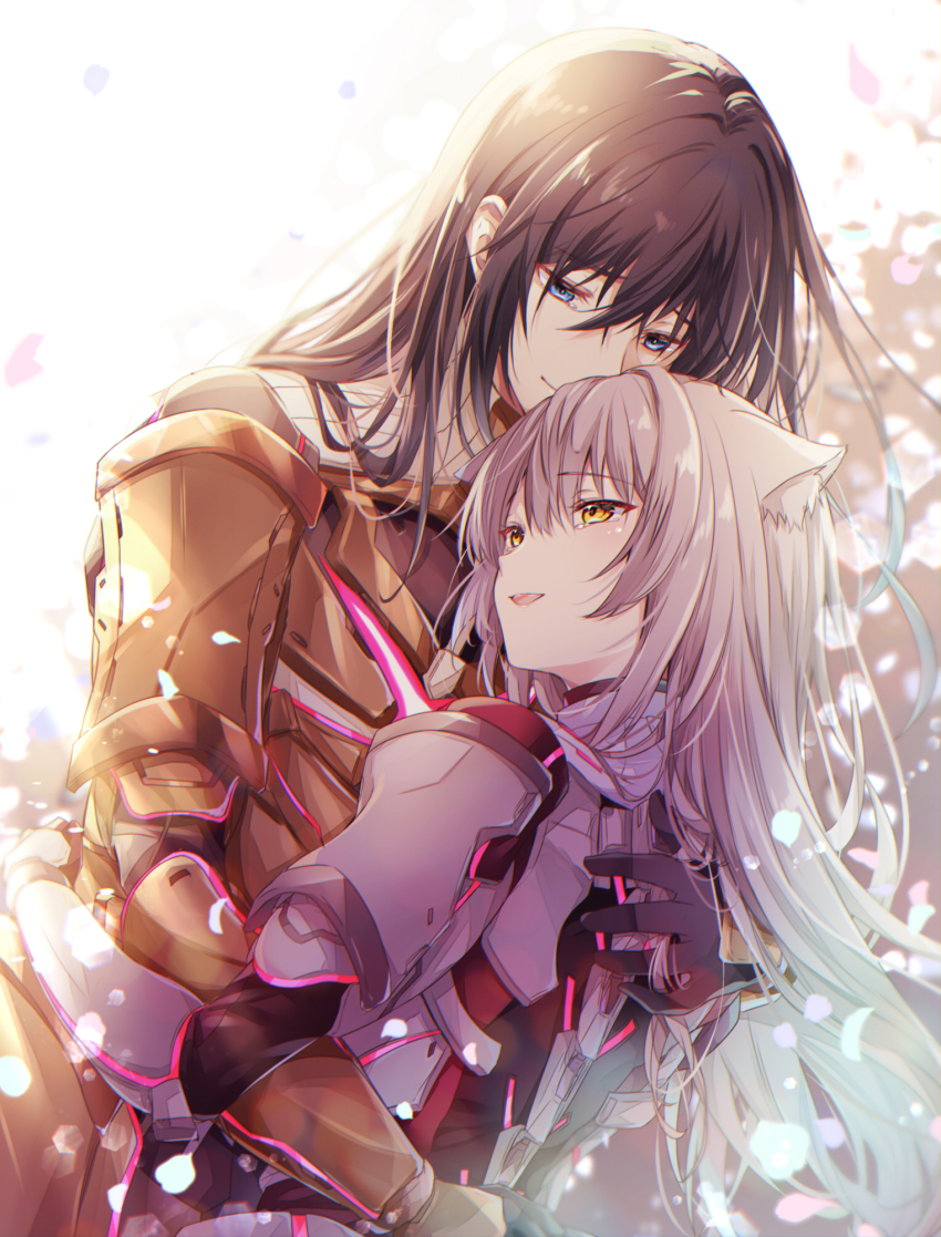 1boy 1girl animal_ear_fluff animal_ears armor black_hair blue_eyes cat_ears couple gloves grey_hair hair_between_eyes hetero highres hug long_hair m_(xenoblade) n_(xenoblade) smile tears ui_frara very_long_hair xenoblade_chronicles_(series) xenoblade_chronicles_3 yellow_eyes