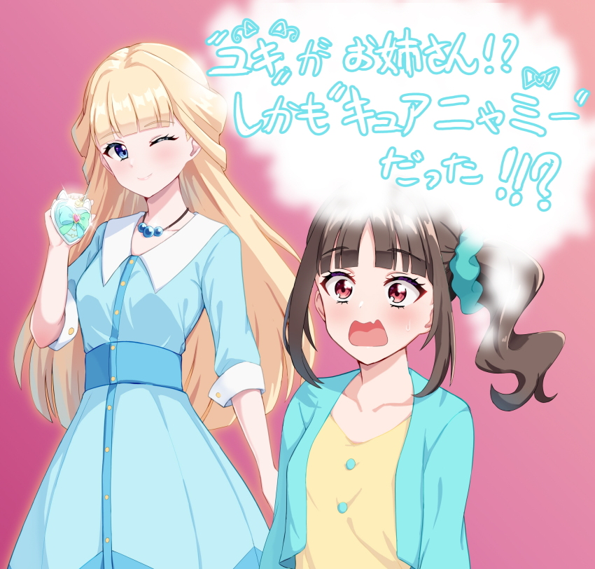 2girls alcmls1230 aqua_scrunchie black_hair blue_dress blunt_bangs blush closed_mouth collared_dress commentary_request dress frown hair_ornament hair_scrunchie half_updo highres holding jewelry long_hair looking_at_another looking_at_viewer medium_dress medium_hair multiple_girls necklace nekoyashiki_mayu nekoyashiki_yuki one_eye_closed open_mouth precure purple_eyes scrunchie shiny_cats_pact short_sleeves smile sweatdrop translated wavy_mouth wonderful_precure!