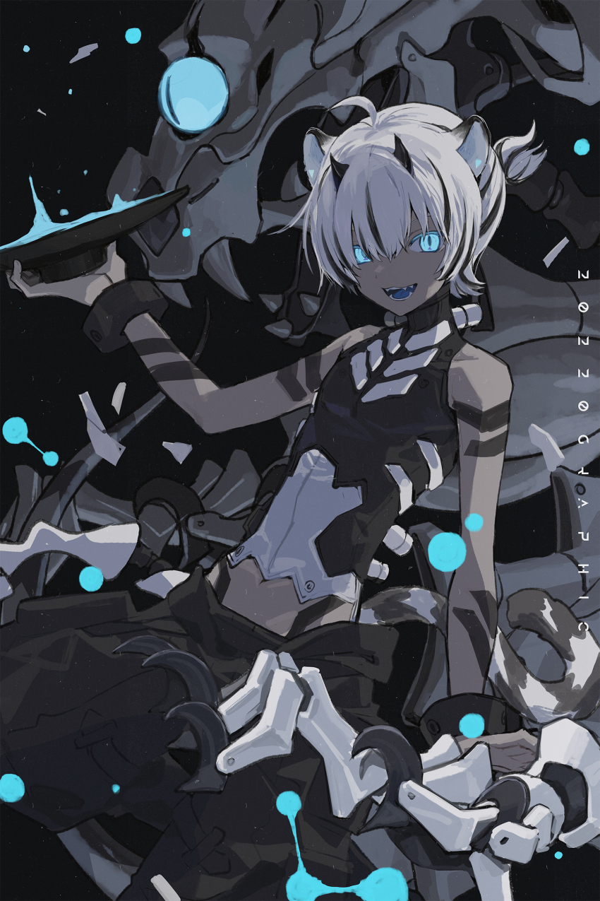 1boy absurdres ahoge animal_ears arm_tattoo arm_up armor bare_shoulders black_armor black_background black_collar black_hair black_horns black_pants blue_eyes blue_tongue bracelet collar colored_tongue commentary english_text fangs feet_out_of_frame hair_between_eyes high_ponytail highres hinayuri holding horns jewelry looking_at_viewer multicolored_hair non-humanoid_robot open_mouth original pants ponytail robot robot_animal shirt short_ponytail slit_pupils solo symbol-only_commentary tail tattoo teeth tiger_boy tiger_ears tiger_tail tongue white_hair white_shirt