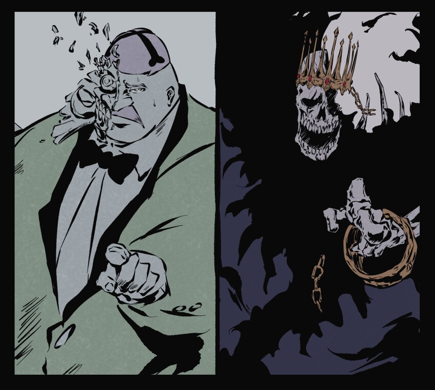 2boys baraggan_louisenbairn battle black_border black_robe bleach bone_print border bracelet collared_shirt commentary crown facial_hair fat fat_man green_jacket grey_background highres hole_in_head index_finger_raised jacket jewelry ken_hollow looking_at_viewer mask mature_male multiple_boys mustache no_eyes pink_hair pointing pointing_at_viewer robe shirt short_hair simple_background skeleton skull sweat upper_body upturned_eyes ushouda_hachigen white_shirt