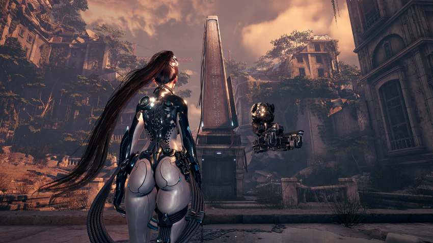 1girl 3d absurdres ass black_hair bodysuit cyberpunk eve_(stellar_blade) facing_away from_behind highres long_hair official_art outdoors ponytail raven_suit_(stellar_blade) standing stellar_blade white_bodysuit