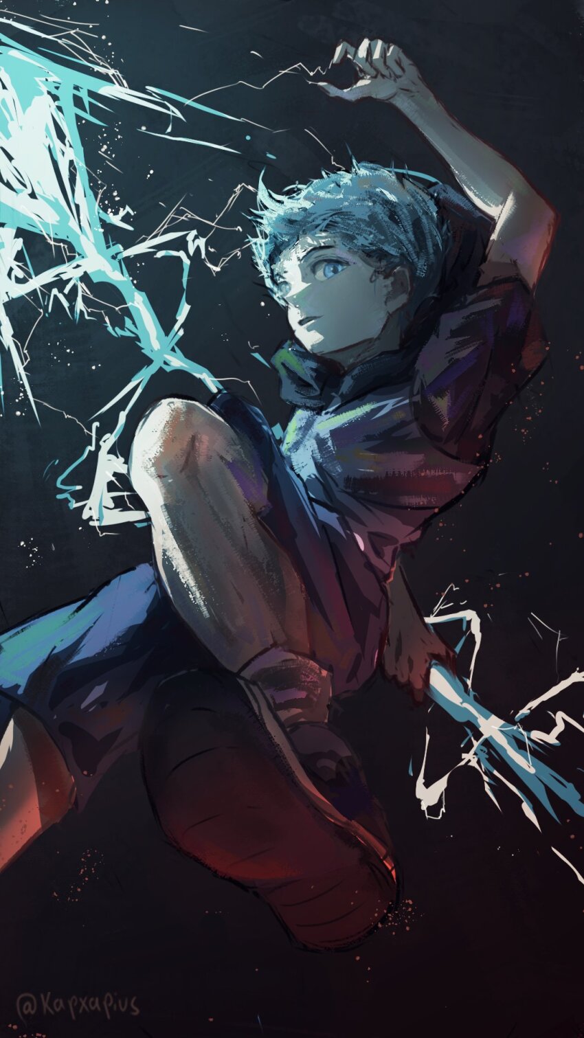 1boy bishamonten&#039;s_spear blue_eyes blue_hair blue_hoodie blue_shirt blue_shorts energy_spear energy_weapon highres holding holding_weapon hood hoodie incoming_attack kapxapius khun_ran lightning looking_at_viewer male_focus open_mouth original polearm shirt shoes shorts sidelighting signature simple_background socks solo spear tower_of_god twitter_username weapon white_socks